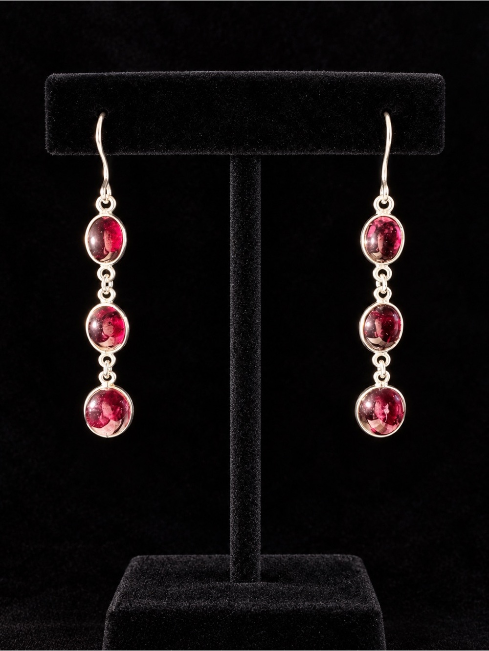 Triple Garnet Drop Dangle Earrings in Red  Set in Sterling